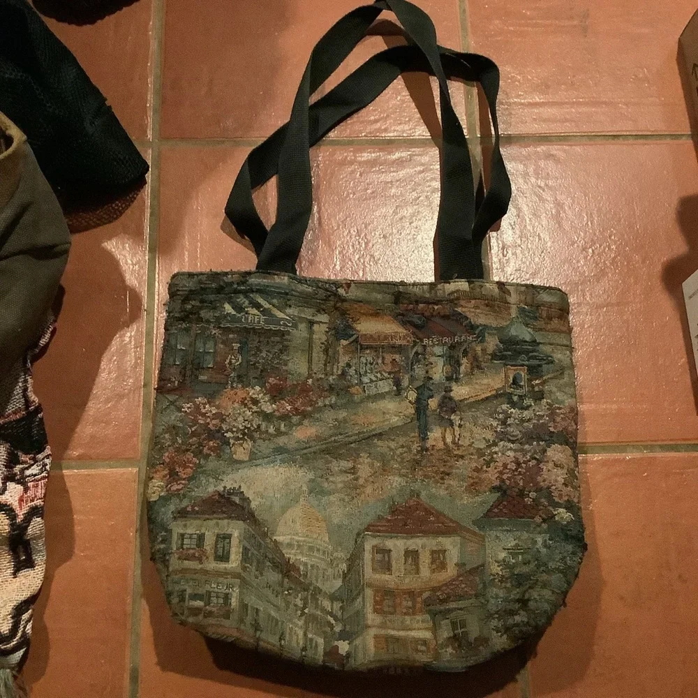 Vintage vtg destination Travel Purse Paris Scene tote bag